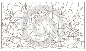 Stained glass illustrations with still life , grapes, wine and crockery, dark outline on a white background