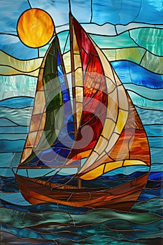 Stained glass image of sailing boat.