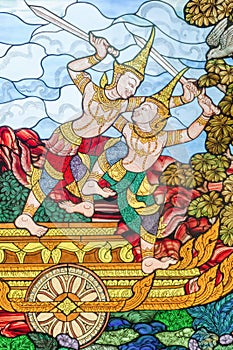 Stained glass image of the story of Mahajanaka