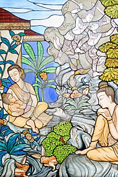 Stained glass image of the story of Mahajanaka