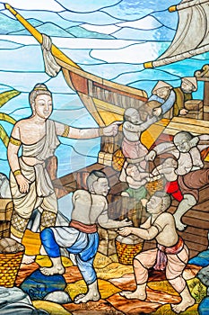 Stained glass image of the story of Mahajanaka