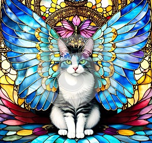 Stained Glass Imperious looking winged tabby cat colorful whimsical ai
