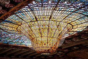 Stained-glass inverted dome of the Palau de la Musica Catalana, Concert Hall by Lluis Domenech i Montaner. Barcelona, Catalonia.