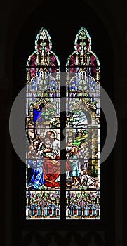 Stained glass, Jesus with children, in the Mother Church of Santa Teresa