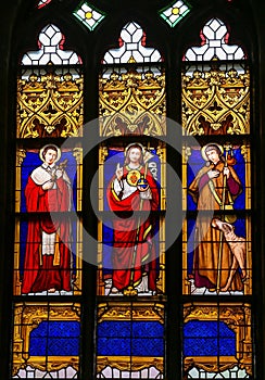 Stained Glass - Jesus Christ, Saint Roch and Saint Charles Borromeo