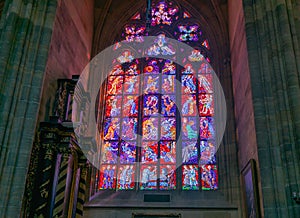 Stained glass lead-light feature window comprised of religious scenes