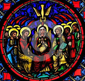 Stained Glass - Mother Mary and the Apostles at Pentecost