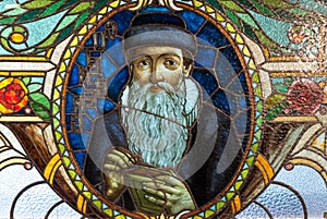 Stained glass mural of Johannes Gutenberg