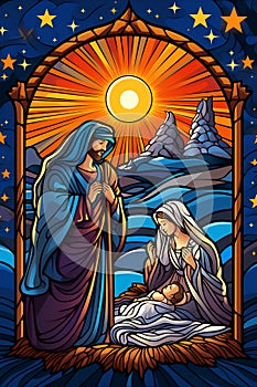Stained glass with a nativity scene