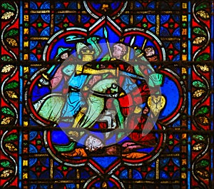 Stained Glass in Notre Dame, Paris of a Medieval Battle