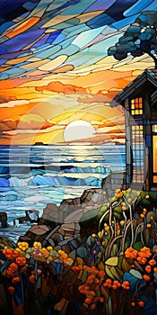 Stained Glass Oil Painting Giclee Print: Coastal House With Thatched Roof