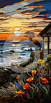 Stained Glass Oil Painting Giclee Print: Coastal House With Thatched Roof