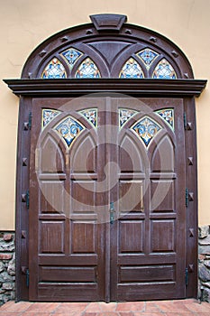 Stained glass old door of Palanok Castle in