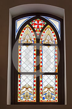Stained glass old window of Palanok Castle in
