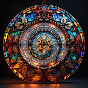 A stained glass ornaments, made out of cocobolo wood, with colorful design