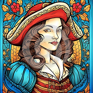 Stained Glass Painting Of Disney\'s Beauty In Renaissance Style