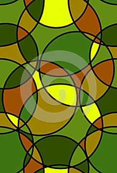 Stained glass pattern with circles in green  brown and yellow colors. Seamless vector design