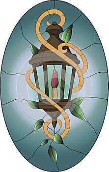Stained glass pattern of old brown lantern with green leaves and oval background