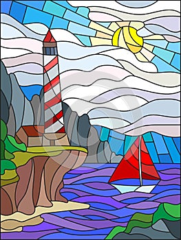 Stained glass picture of the seascape, lighthouse and sailboat