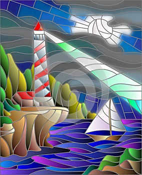 Stained glass picture of the seascape, lighthouse and sailboat