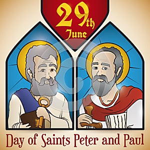 Stained Glass Portraits of Saints Peter and Paul for Solemnity, Vector Illustration