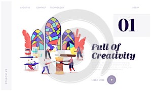 Stained Glass Producing Landing Page Template. Tiny Characters with Huge Tools Create Beautiful Windows