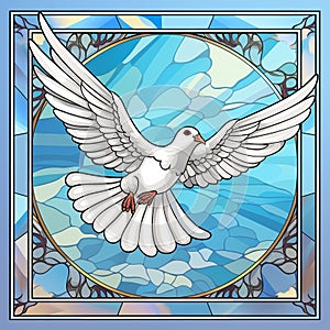 stained glass representation of the holy spirit, white pigeon flying dove on stained glass window, background graphic resource