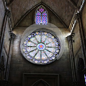 Stained glass in retro church in the France village style is beautiful architecture