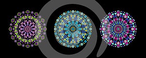 Stained glass rose window round illustrations set