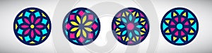 Stained glass round simple vector illustrations collection, circle shape, stylize flat rose window