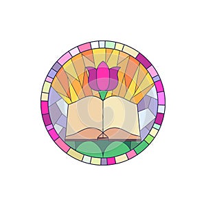 Stained glass round window with circular border, open book and flower