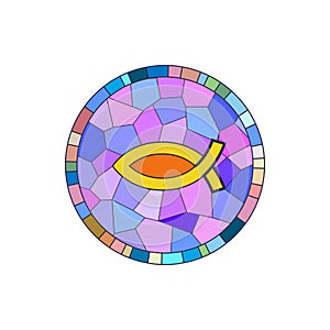 Stained glass round window with Jesus fish Christian religious symbol