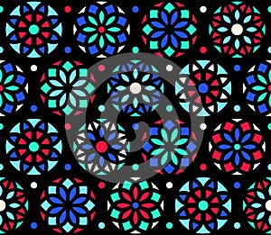 Stained glass seamless vector pattern, circle shapes, stylized simple rose window ornament