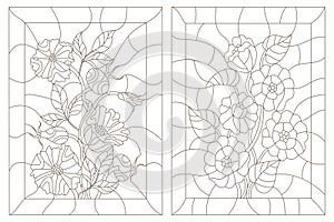 Stained glass set of contour illustrations zinnias and wild rose, dark outline on a white background
