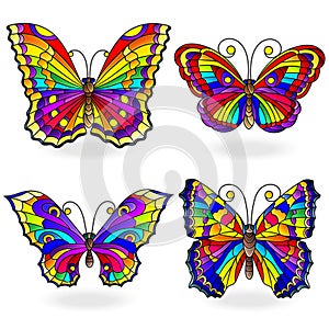 Stained glass set with rainbow butterflies in stained glass style, isolated on white background