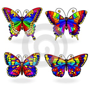 Stained glass set with rainbow butterflies in stained glass style, isolated on white background