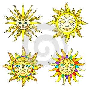 Stained glass set with suns with faces on a white background isolates
