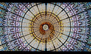 Stained-glass skylight of the Palau de la Musica Catalana, Concert Hall by Lluis Domenech i Montaner. Barcelona, Catalonia.
