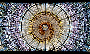 Stained-glass skylight of the Palau de la Musica Catalana, Concert Hall by Lluis Domenech i Montaner. Barcelona, Catalonia. photo