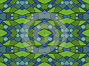 Stained glass style geometric pattern in blue and green colors
