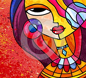 Stained glass style girl digital art wears necklace and earrings photo