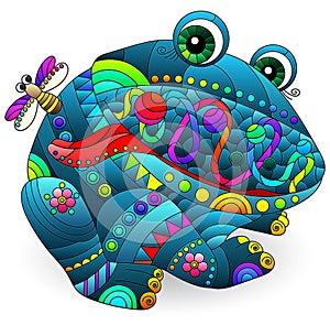 A stained glass-style illustration with cute cartoon frog, animal isolated on a white background