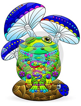 A stained glass-style illustrations with cute cartoon frog, animal isolated on a white background