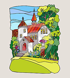 Stained glass style. Landscape with mansion