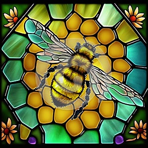 Stained glass window with bee. Generative AI