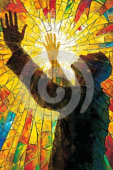 a stained glass sunray with a person raising their hands