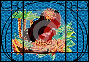 Stained glass on the theme of Thailand and Oceania. Tropical girl on the background of the blue sea