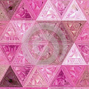 Stained glass transparent triangles kaleidoscope with roses in grenadine and pink colors
