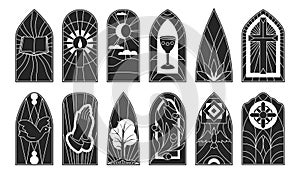 Stained glass vector black icon set . Collection vector illustration window church on white background. Isolated black icon set