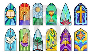 Stained glass vector cartoon icon set . Collection vector illustration window church on white background. Isolated